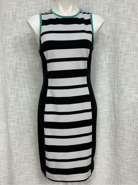 Nicole Miller Black & White Striped Mini Dress with Mint Trim